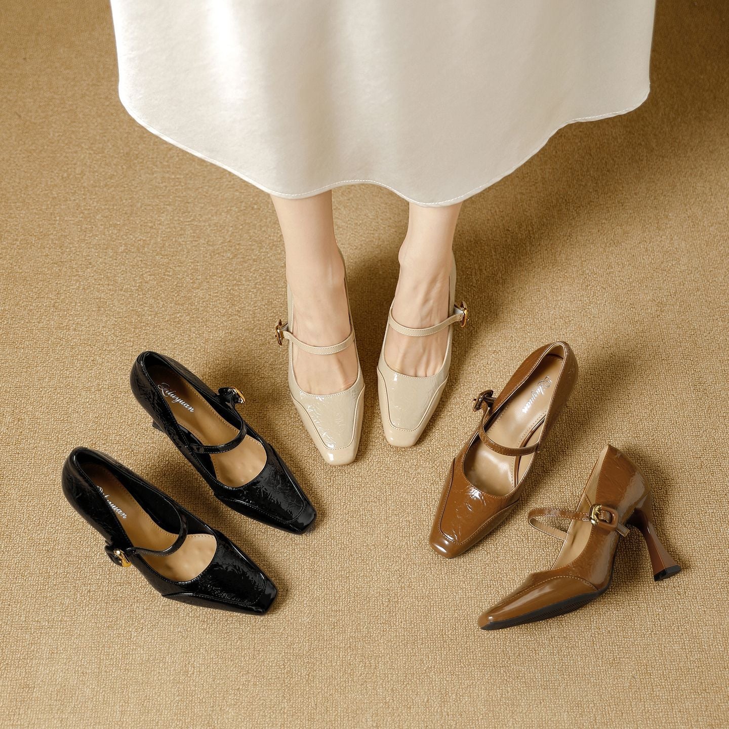 Damen elegante Mary Jane Pumps mit glänzendem Blockabsatz und modischem Riemendesign