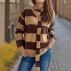 Damen lässiger Strickpullover mit modernem Streifenmuster und dekorativem Schal R&B