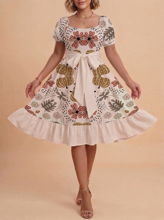Damen Sommerkleid mit floralem Puffärmel und taillierbarem Gürtel R&B