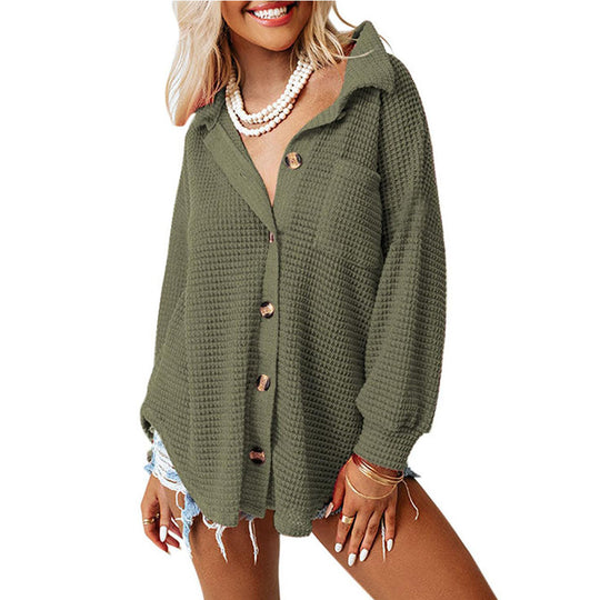 Damen lässige Waffelstruktur-Hemdjacke mit Knopfleiste R&B
