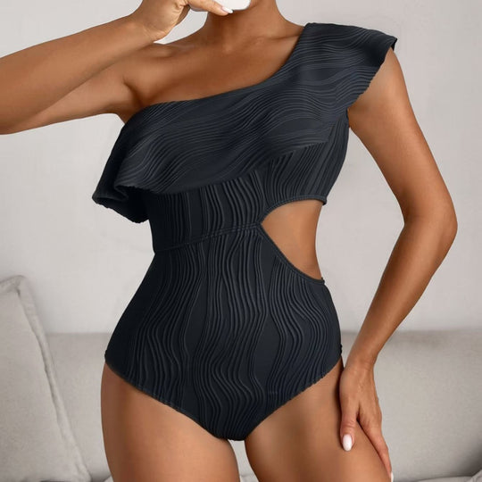 Damen Einteiler Badeanzug mit asymmetrischem Schnitt und geschwungenen Rüschendetails R&B