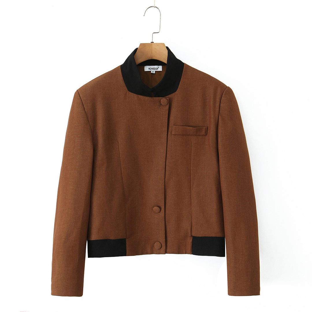 Damen modische Kurzjacke mit elegante Knopfleiste und kontrastierendem Kragen R&B