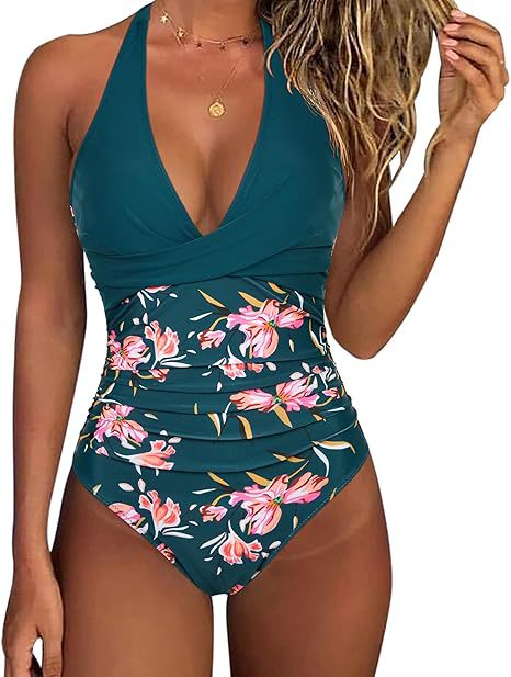 Damen Hochtaillierter Badeanzug mit tiefem V-Ausschnitt und floralem Design R&B
