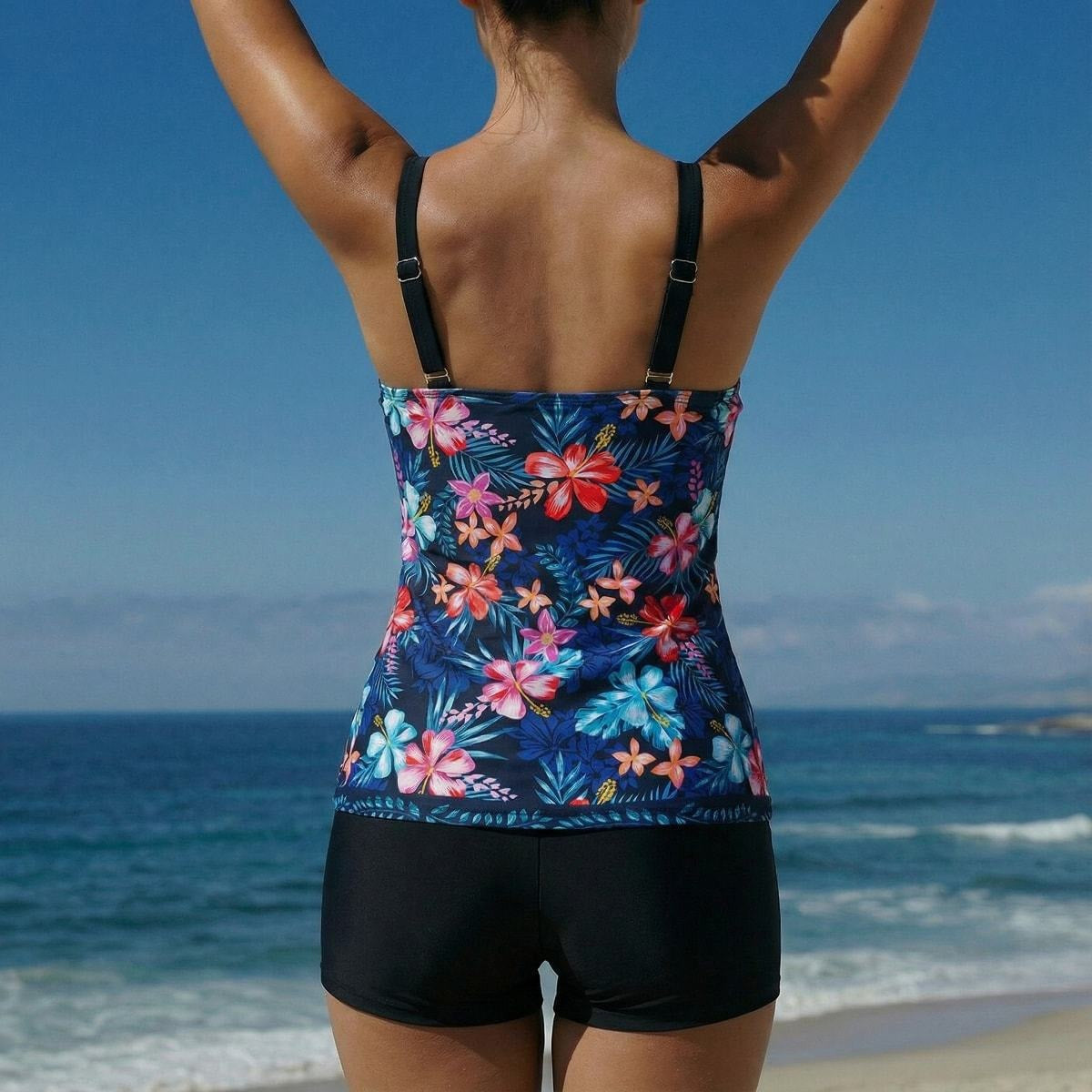 Damen Sport-Badeanzug mit raffinierter Schnittführung und Blumenmuster R&B