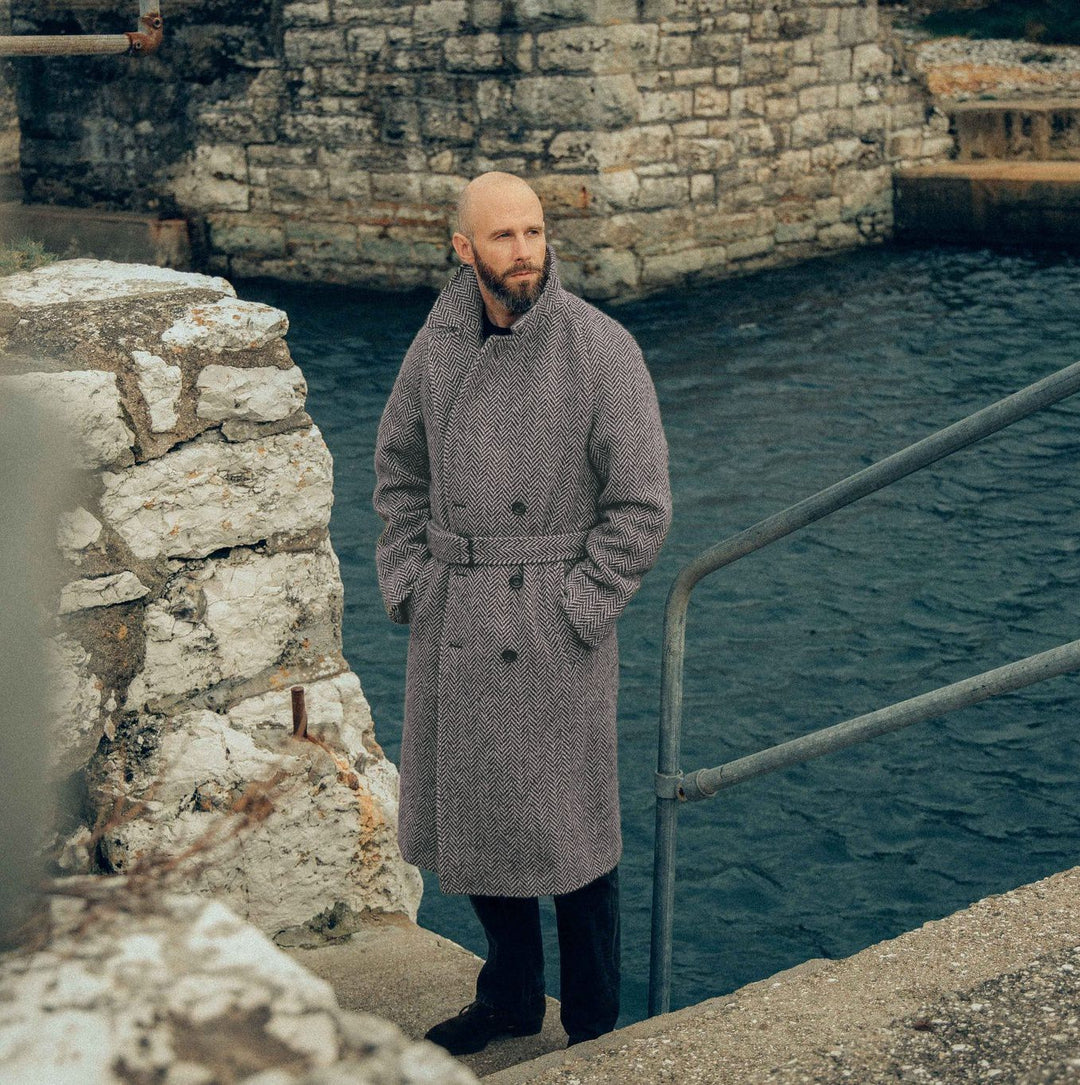 Herren Eleganter Wollmantel im klassischen Hahnentrittmuster mit Gürtel R&B