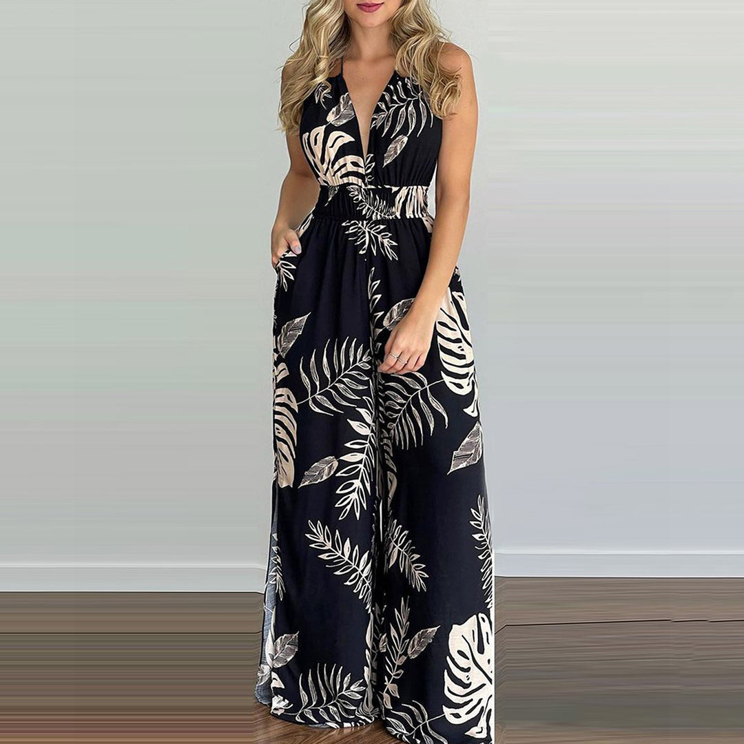 Damen eleganter Jumpsuit mit Spaghettiträgern und hohen Seitenschlitzen R&B