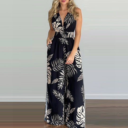 Damen eleganter Jumpsuit mit Spaghettiträgern und hohen Seitenschlitzen R&B