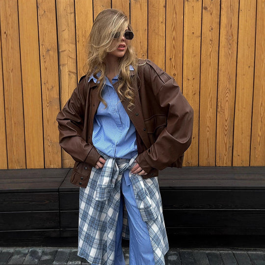 Damen Oversized Kunstlederjacke mit modischem Schnitt und eleganten Details R&B