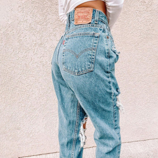 Damen Vintage High-Waist Destroyed Jeans mit fransigen Details R&B