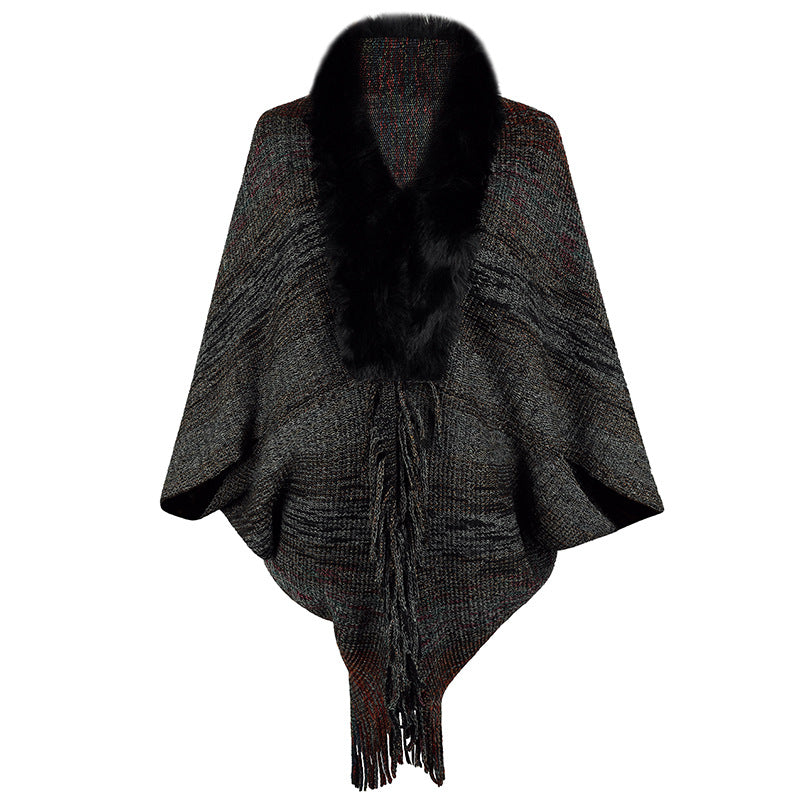 Damen eleganter Poncho mit luxuriösem Kunstfellkragen und fransigem Saum R&B