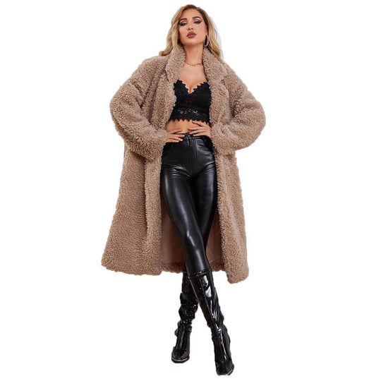 Damen Flauschiger Langmantel aus Kunstpelz mit tiefem V-Ausschnitt und seitlichen Taschen R&B