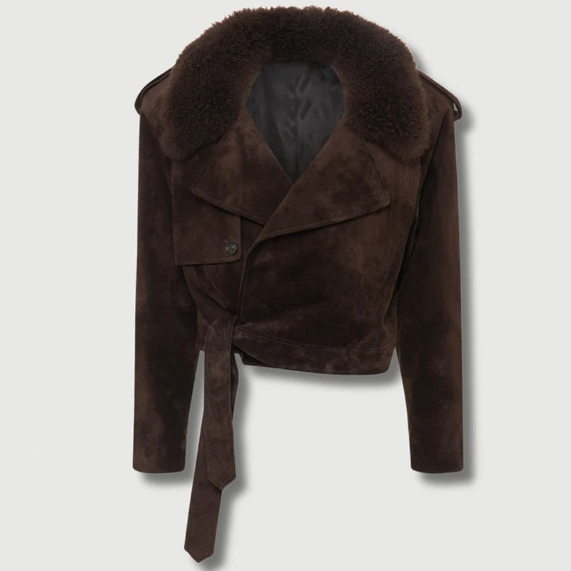 Damen Modische Wildlederjacke mit kuscheligem Kragen R&B