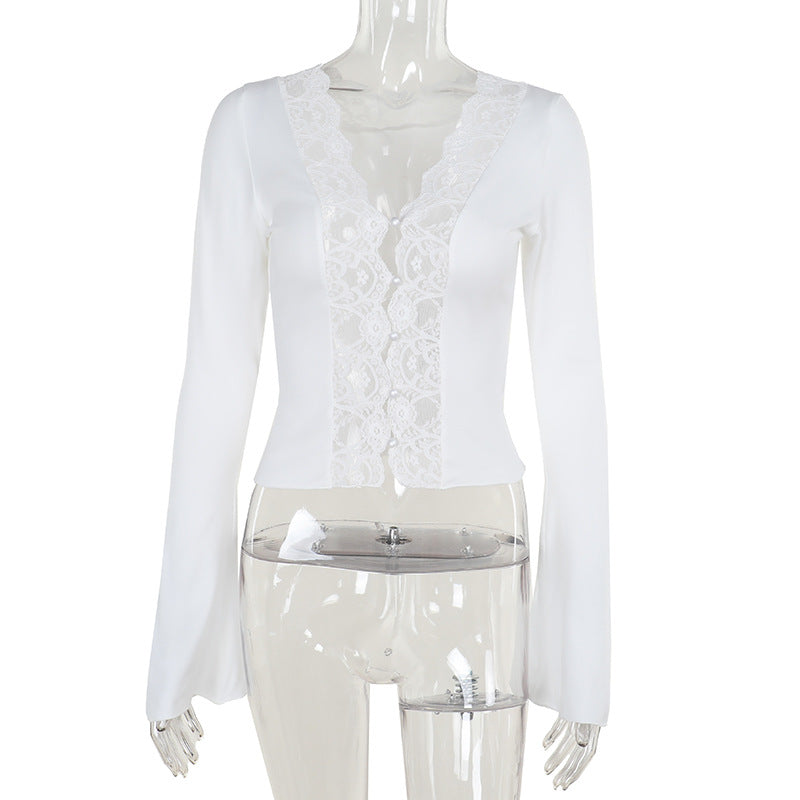 Damen langärmliges Oberteil mit Spitzenbesatz und elegantem Knopfdetail R&B