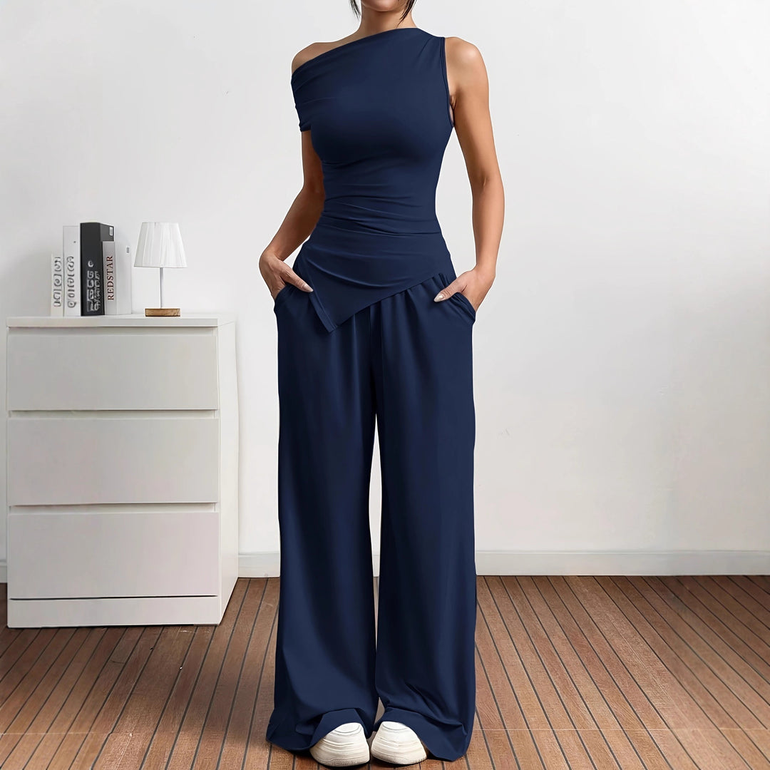 Damen Elegante Jumpsuit-Kombination mit asymmetrischem Oberteil und weitem Bein R&B