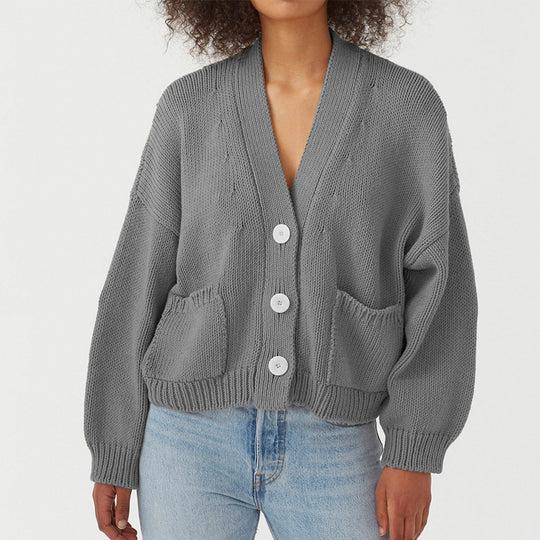 Damen lässiger Strickcardigan mit großen Taschen und Knopfverschluss R&B
