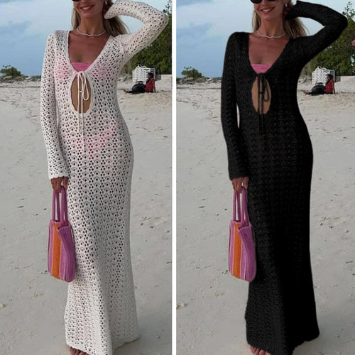 Damen Elegantes gehäkeltes Strandkleid mit tiefem V-Ausschnitt und luftiger Struktur R&B