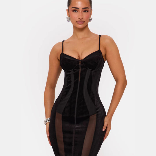 Damen Bodycon Kleid mit raffiniertem Korsett-Oberteil und transparenten Einsätzen R&B