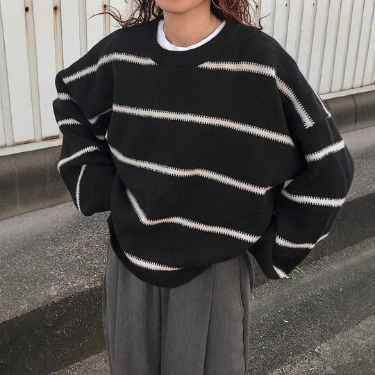 Damen Oversized Strickpullover mit trendigem Streifenmuster und lässiger Passform R&B