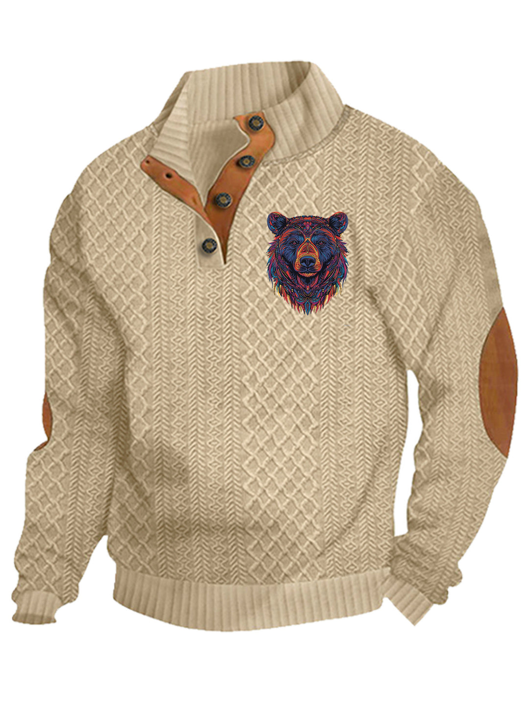 Herren nan Heritage-Strukturpullover mit Stehkragen Lederimitat-Besatz Ellenbogen-Patches und Halbknopfleiste R&B
