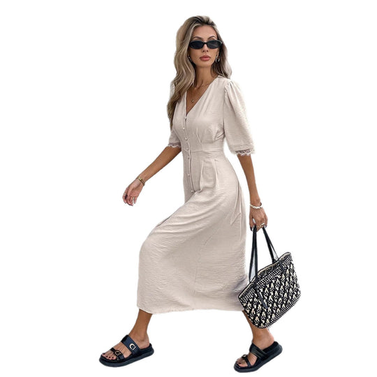Damen Midi-Kleid mit Knopfdetails und femininen Puffärmeln R&B