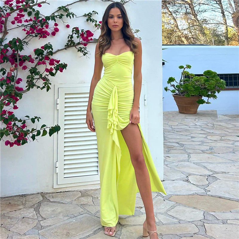Damen Elegantes Maxikleid mit raffinierten Rüschendetails und Spaghettiträgern R&B