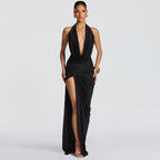 Damen Elegantes Maxikleid mit tiefem Halsochnitt und seitlichem slit R&B