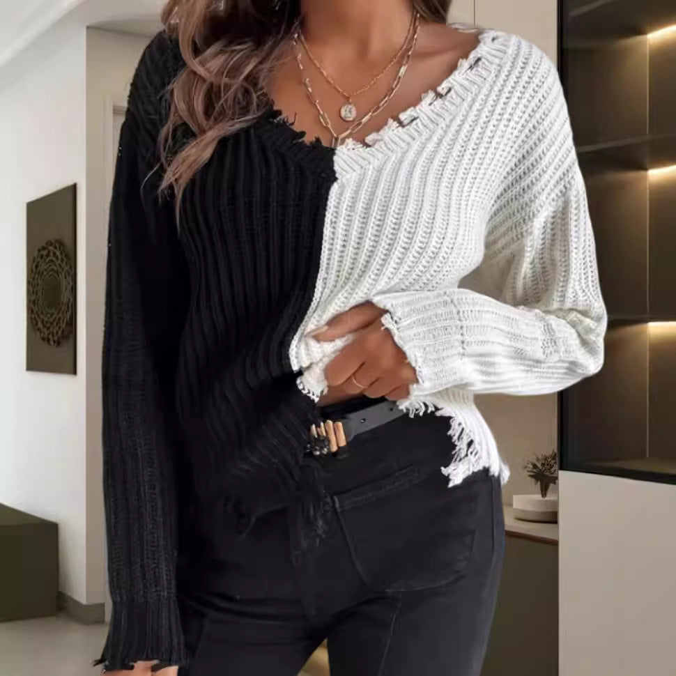 Damen Lässiger Strickpullover mit asymmetrischem Design und Fransen R&B