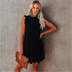 Damen lässiges Rüschendetails Kleid mit hohem Kragen R&B