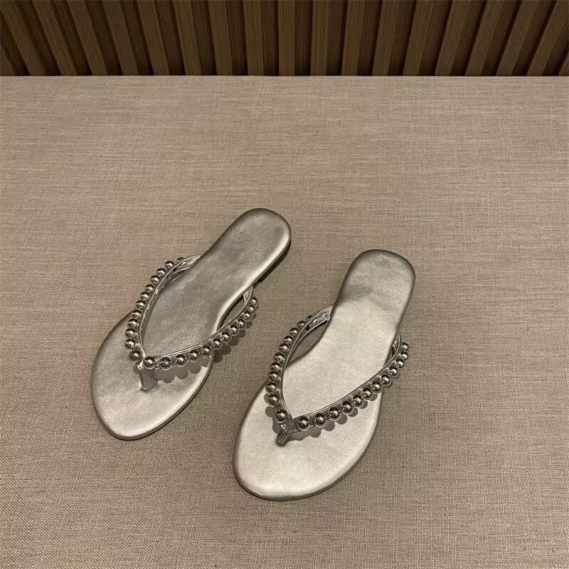Damen Glänzende Zehentrenner-Sandalen mit modischen Perlenverzierungen R&B