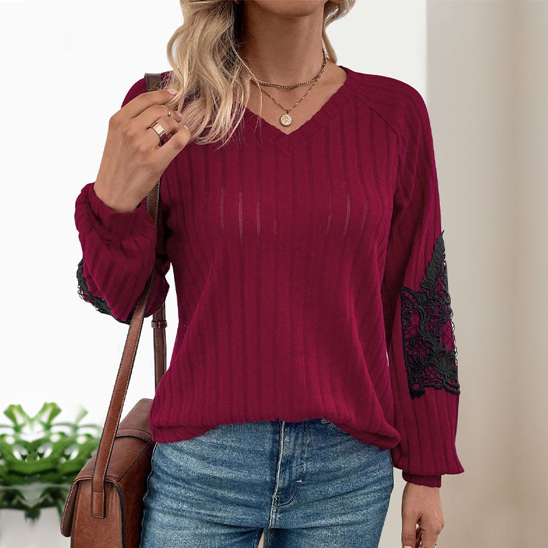 Damen Strickpullover mit Spitzenärmeln und V-Ausschnitt R&B