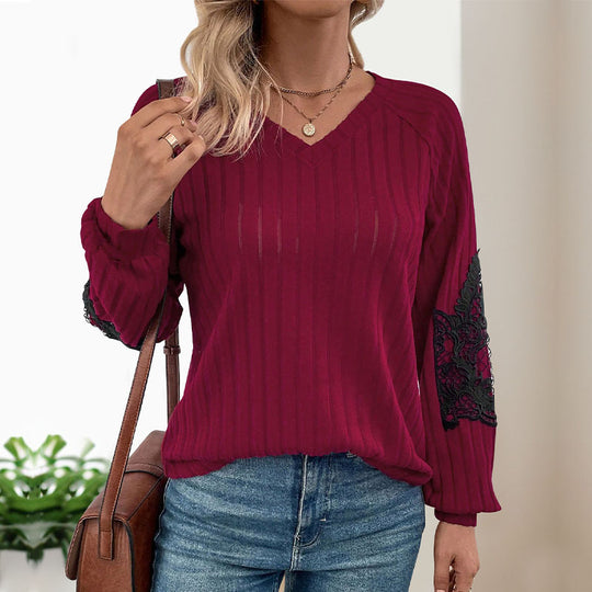 Damen Strickpullover mit Spitzenärmeln und V-Ausschnitt R&B