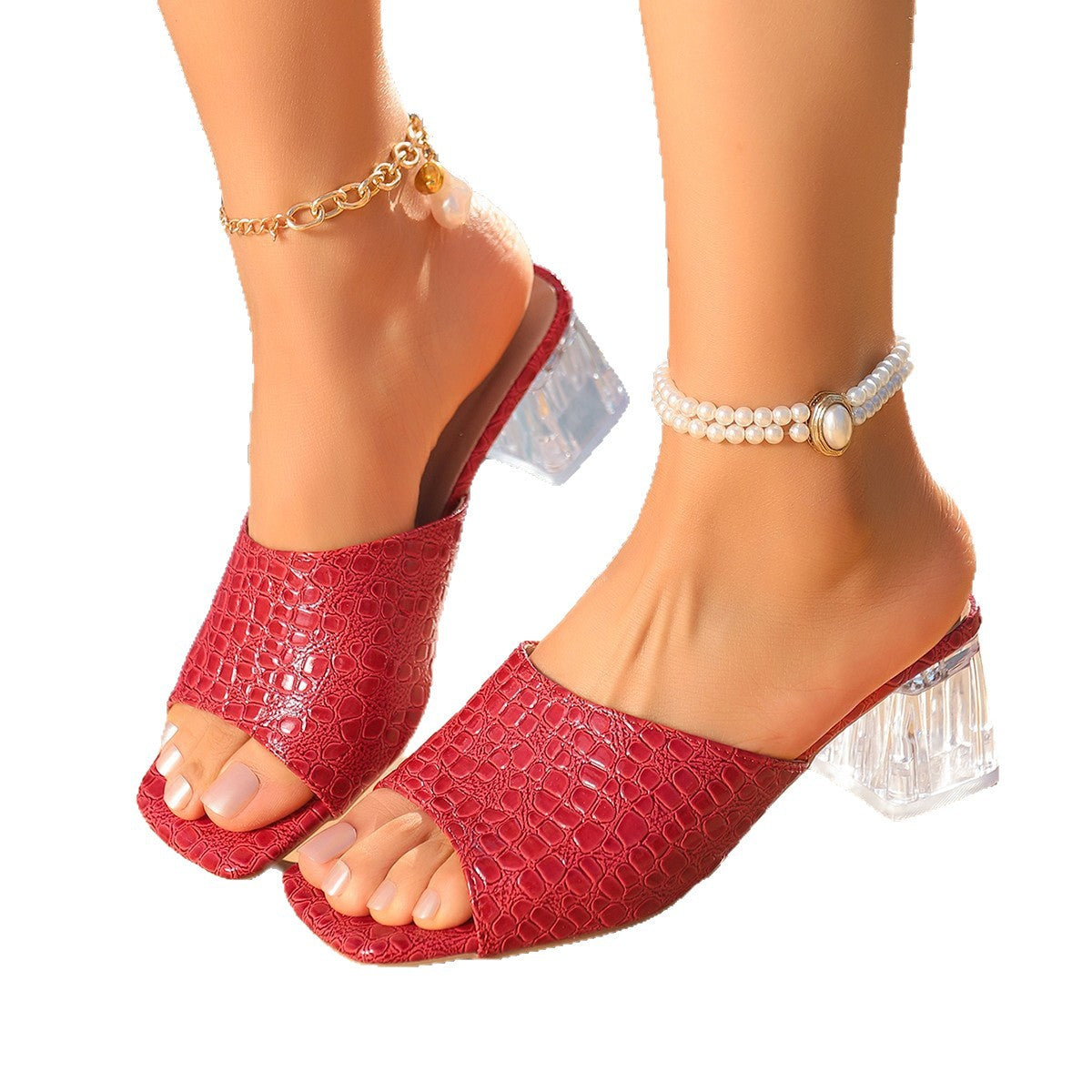 Damen Offene Mules mit transparentem Blockabsatz und trendigem Krokodil-Look R&B