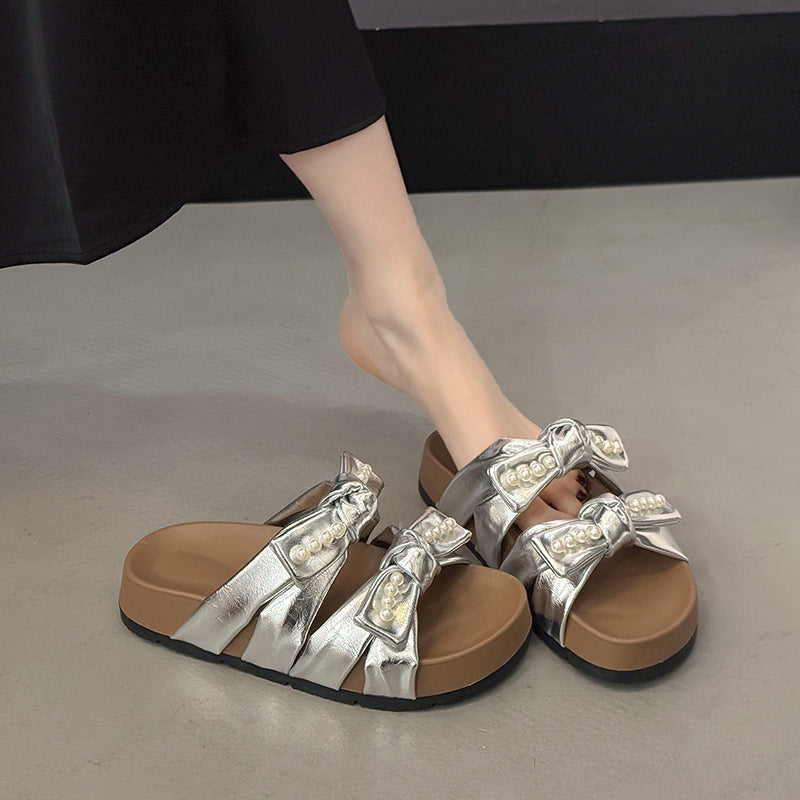 Damen modische Riemchen-Sandalen mit eleganten Schleifen und Perlen-Applikationen