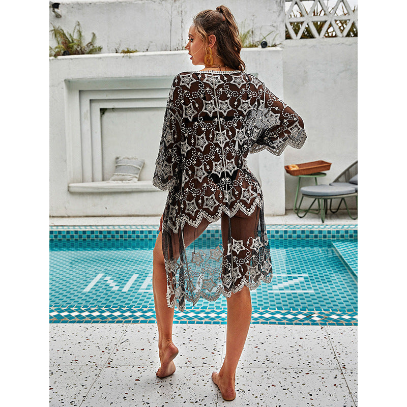 Damen Häkel-Strandüberwurf mit eleganter Spitze und luftiger Silhouette R&B
