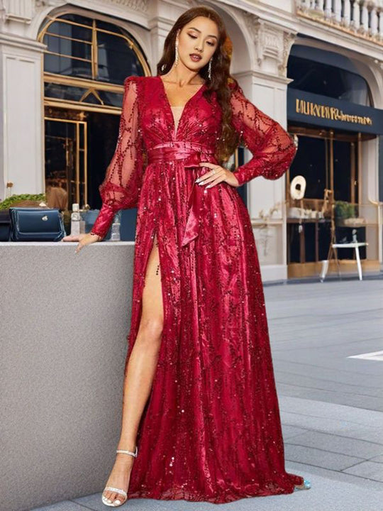 Damen Glamouröses Abendkleid mit schimmernden Pailletten und tiefem Schlitz R&B