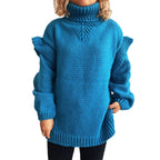 Damen kuscheliger Strickpullover mit Rüschenärmeln und hohem Kragen R&B