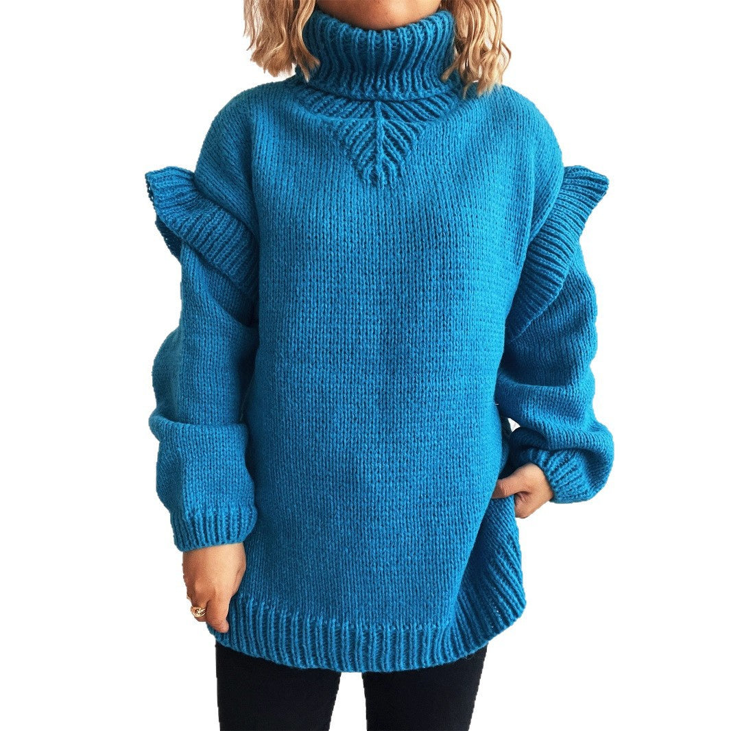 Damen kuscheliger Strickpullover mit Rüschenärmeln und hohem Kragen R&B