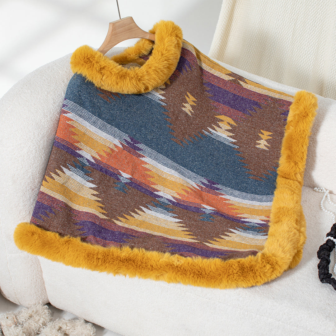 Damen Kuschelpullover mit hochwertigem Kunstfellbesatz und geometrischem Muster R&B