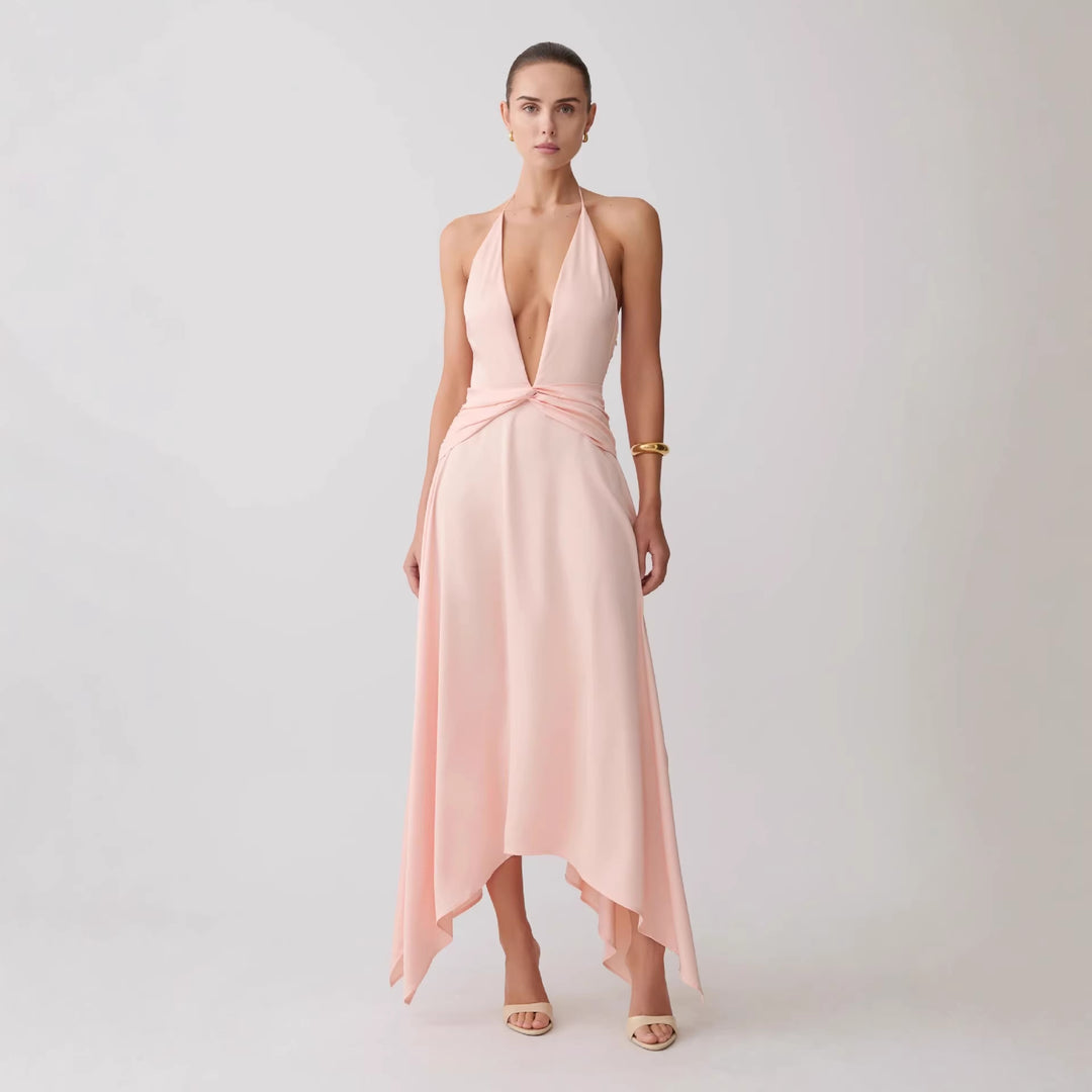 Damen Elegantes Wickelkleid mit tiefem V-Ausschnitt und asymmetrischem Saum R&B
