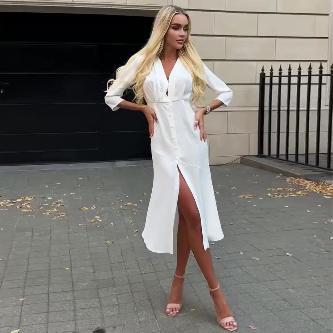 Damen Hemdblusenkleid mit elegantem V-Ausschnitt und Knopfleiste R&B