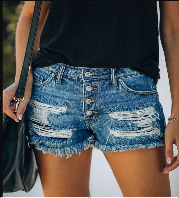 Damen lässige Destroyed Denim-Shorts mit Knopfdetails und fransigem Saum R&B