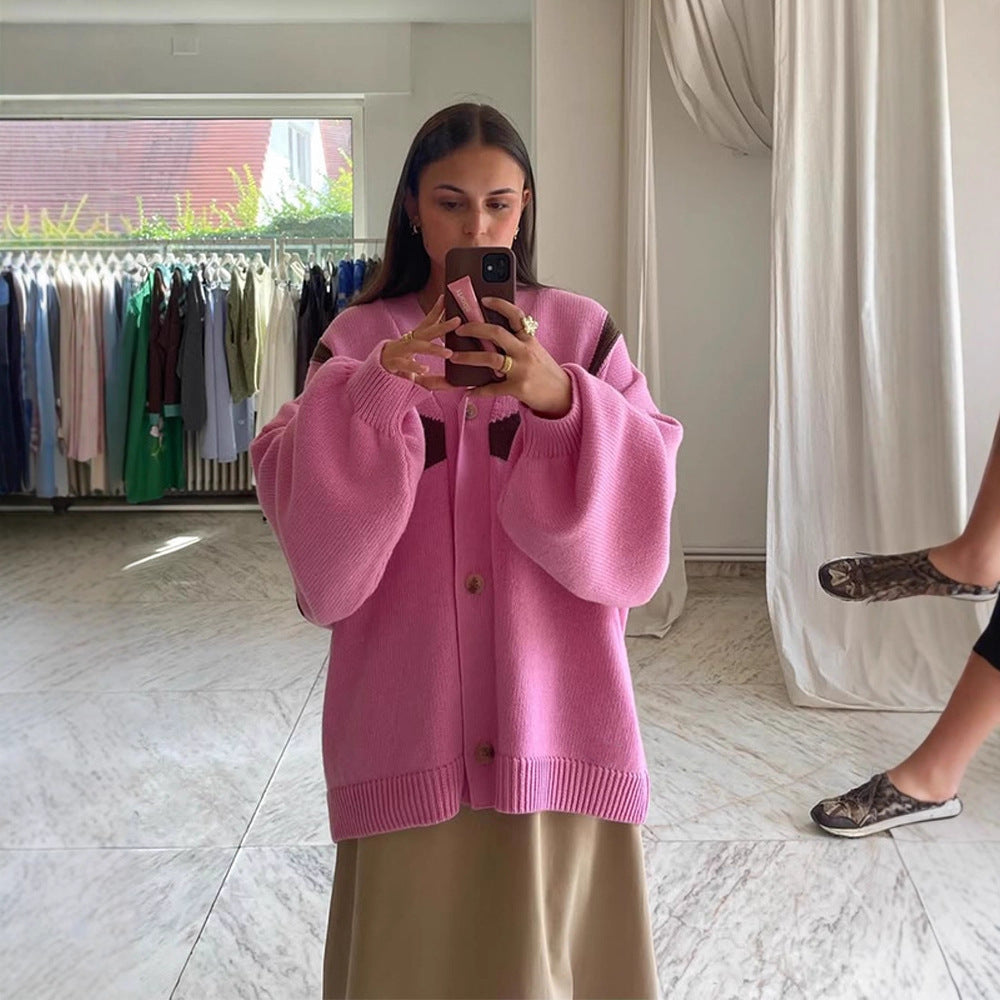 Damen oversized Strickjacke mit kontrastierenden Mustern R&B