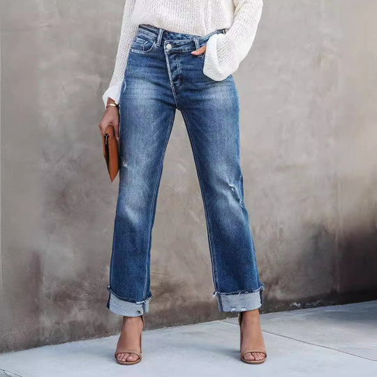 Damen lässige Flared Jeans mit modischen Fransen und hohem Bund R&B