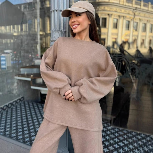 Damen lässiges Fleece-Loungewear-Set mit weichem Oversized-Pullover und bequemen Hosen R&B