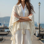 Damen luftiger Strickponcho mit Fransen