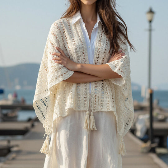 Damen luftiger Strickponcho mit Fransen R&B