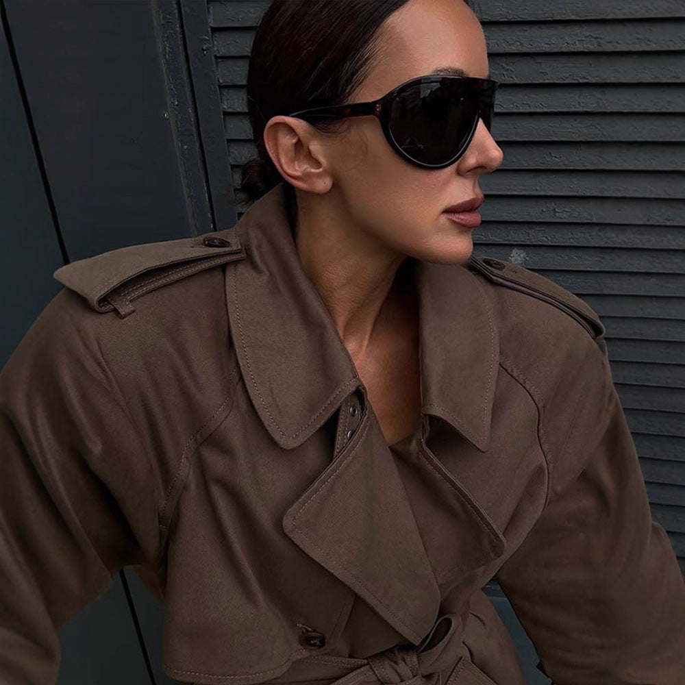 Damen eleganter Trenchcoat mit Taillengürtel und hochgeschlossenem Kragen R&B