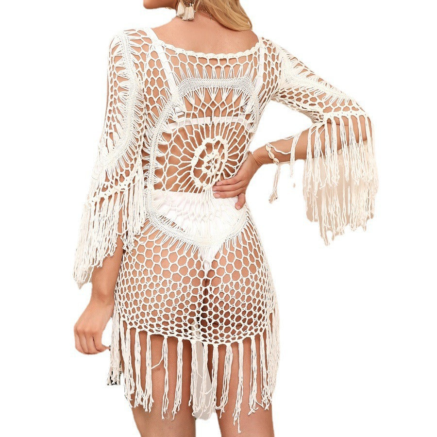 Damen gehäkelter Strand-Kaftan mit fransigen Akzenten R&B