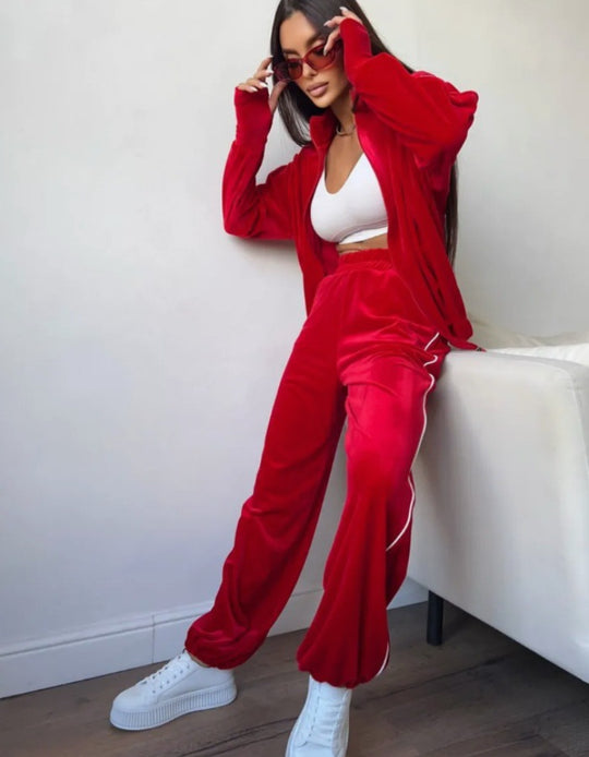 Damen elegantes Velours-Loungewear-Set im sportlichen Design mit kontrastierenden Streifen R&B