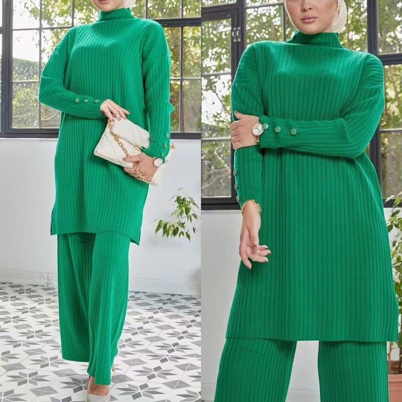 Damen lässiger Strickanzug mit Stehkragen und Knopfdetails R&B